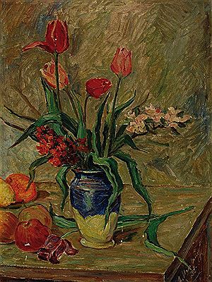 Stillleben mit Tulpen und Äpfeln