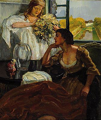 Ein blumiger Liebesgruss, zwei Damen am Fenster