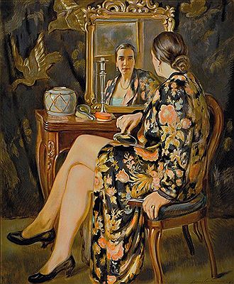 Full interior with portrait of Lilly Kreutzer in front of the mirror and a dressing table by Hermann Croissant - Auction record, sale price, and art valuation. Compare with similar artists and explore comparable artworks.
