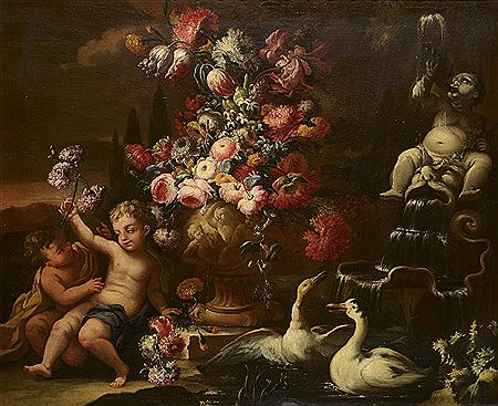 Deux puttis près d'une urne fleurie