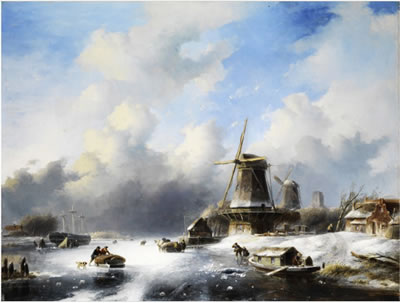 WINTERLANDSCHAFT MIT WINDMÜHLEN UND KLEINEN GEBÄUDEN AM VEREISTEN UFER EINES POLDERSEES
