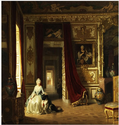 HÖFISCHE DAME MIT HUND IN REICHEM SCHLOSSINTERIEUR