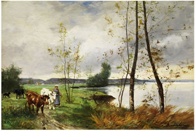UFERLANDSCHAFT MIT JUNGEN BIRKEN UND EINER MAGD, DIE KÜHE WEIDET