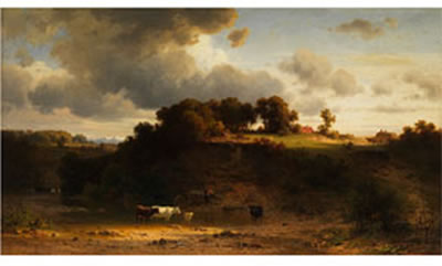 LANDSCHAFT MIT KÜHEN, HÄUSERN UND EINEM HEUWAGEN