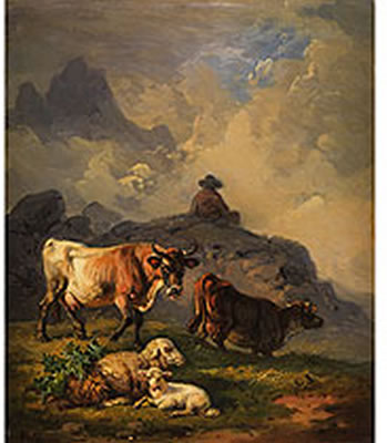 KÜHE UND SCHAFE IN HÜGELIGER LANDSCHAFT
