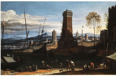 LANDSCHAFT MIT HOHEN TÜRMEN, MEERESBUCHT UND ANLIEGENDEN SCHIFFEN SOWIE FIGURENSTAFFAGE