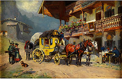 POSTKUTSCHE VOR EINEM GARMISCHER GASTHOF