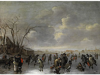 WINTERLANDSCHAFT MIT SCHLITTSCHUHLÄUFERN UND EISSCHLITTEN AUF GEFRORENEM FLUSS