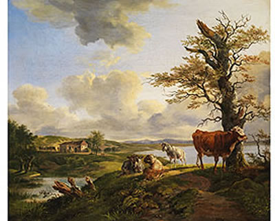 OBERBAYERISCHE LANDSCHAFT MIT KÜHEN UND SCHAFEN UNTER EINEM ERHÖHT STEHENDEN EICHENBAUM