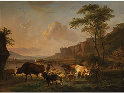 HIRTEN MIT SCHAFEN UND RINDERN AN EINEM SÜDLICHEN FLUSSUFER