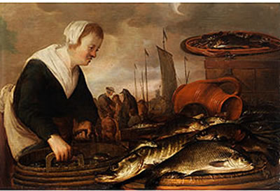 FISCHERSFRAU MIT GROSSEM FISCHBOTTICH UND AUSGELEGTEN FISCHEN NEBEN TONKRUG UND FISCHKASTEN