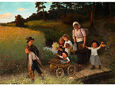 BAUERNKINDER MIT JUNGER MUTTER AUF DEM HEIMWEG