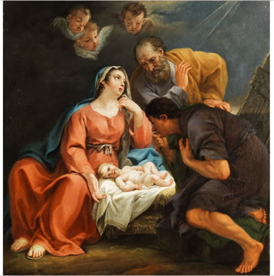 ANBETUNG DES KINDES IN BETHLEHEM MIT MARIA, JOSEPH UND EINEM HIRTEN, DER VOR DEM KINDE KNIET, DARÜBER GEFLÜGELTE ENGELSKÖPFE IN NÄCHTLICHEM WOLKENDUNKEL
