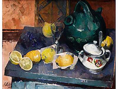 STILLEBEN MIT ZITRONEN, WEINGLAS, TONKRUG UND ZUCKERSCHALE by Carl Otto Muller - Auction record, sale price, and art valuation. Compare with similar artists and explore comparable artworks.