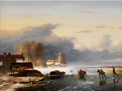 VEREISTE POLDERLANDSCHAFT MIT WINDMÜHLE, GEBÄUDEN UND SCHLITTSCHUHLÄUFERN AUF DEM EIS