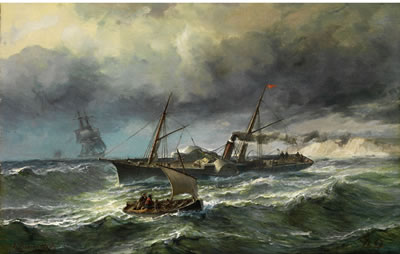 MARINEBILD MIT EINEM SEGELDAMPFER AUF BEWEGTER SEE MIT WELLEN