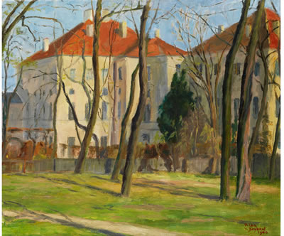 SCHLOSSGEBÄUDE HINTER KAHLEN FRÜHLINGSBÄUMEN