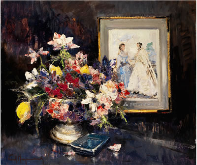 STILL LIFE WITH FLOWER VASE IN FRONT OF A PAINTING