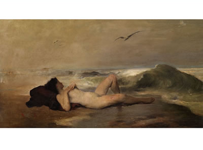 Lying woman BEACH WITH PRE-CURVED WOGE, Over Sea Gulls