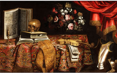 GROSSES VANITASSTILLEBEN MIT VIOLINE, NOTENBUCH, BLUMENVASE SOWIE AUF EINEM BUCH AUFLIEGENDER SCHÄDEL