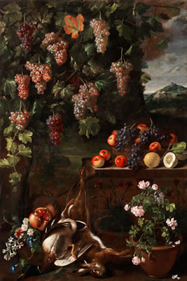 TRAUBEN-, FRUCHT- UND BLUMENSTILLEBEN MIT EINEM ERLEGTEN HASEN UND EINER WILDENTE