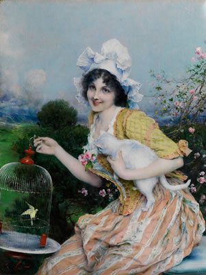 JUNGES MÄDCHEN MIT KATZE UND VOGELKÄFIG