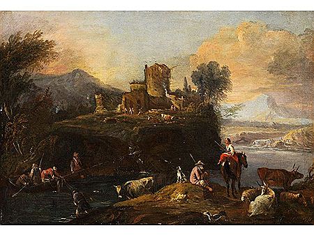 ITALIENISCHE FLUSSLANDSCHAFT MIT FISCHER UND HIRTEN AM UFER
