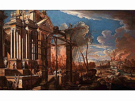 MONUMENTALE LANDSCHAFT MIT ANTIKEM TEMPELGEBÄUDE, FLUSSLAUF UND BRENNENDEN STÄDTEN by Johann Anton Eismann - Auction record, sale price, and art valuation. Compare with similar artists and explore comparable artworks.