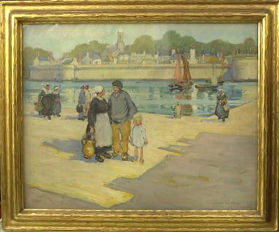 European village and canal with people