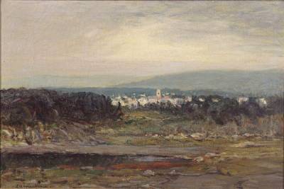 Landscape with river, mountains and distant town