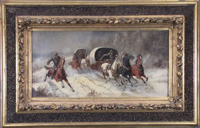 2 Troikas with Guards on Horse in a Snowy Landscape