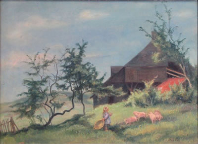 Schwarzwaldhof mit Mädchen und Schafen.