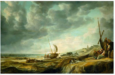 Strandansicht mit Fischern, einer vierspännigen Kutsche und einem anlandenden Schiff, im Hintergrund der Kirchturm von Scheveningen by Simon de Vlieger - Auction record, sale price, and art valuation. Compare with similar artists and explore comparable artworks.