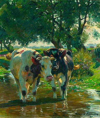 „Kühe im Wasser". by Arnold Moeller - Auction record, sale price, and art valuation. Compare with similar artists and explore comparable artworks.