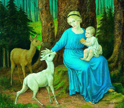 Mutter mit Kind und Rehen im Wald