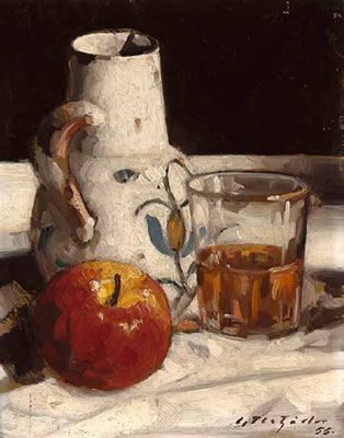 Stillleben mit Krug, Apfel und Wasserglas