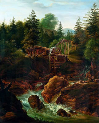 Gebirgslandschaft mit Mühle am Bach