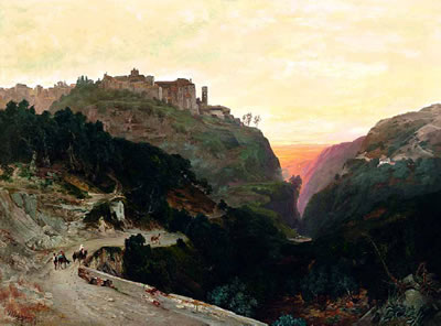 Süditalienische Landschaft bei Sonnenuntergang mit Esel, Personen und einem Bergdorf auf einer Anhöhe