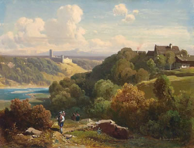 Blick auf die Burg Grünwald über dem Isartal.