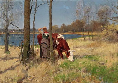 Mädchen mit Kuh in weiter Seenlandschaft