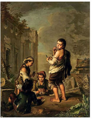 Drei Bettelknaben spielen Karten in einer Ruinenlandschaft, ein vierter steht daneben und isst Brot, das er sich mit einem Messer vom Brotlaib abgeschnitten hat by Johann Jakob Dorner the Elder - Auction record, sale price, and art valuation. Compare with similar artists and explore comparable artworks.