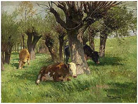 Liegendes Weidevieh in Sommerlandschaft