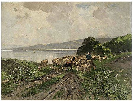 Schafer mit seiner Herde in weiter Sommerlandschaft vor einem Seeufer (Starnberger See?)