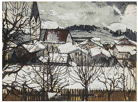 Winter in Törwang. Vermutlich Vorstudie zu dem ausgestellten Gemälde in der Städtischen Galerie Rosenheim 1989, siehe Kat. S. 17.