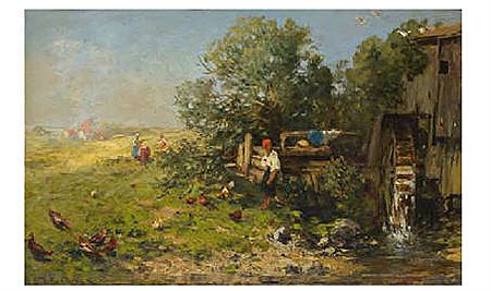 Mädchen mit Hühnern an einem Bach mit Mühlrad