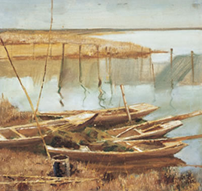 Fishing Boat alongside the River (Two Pieces) (Pair)
