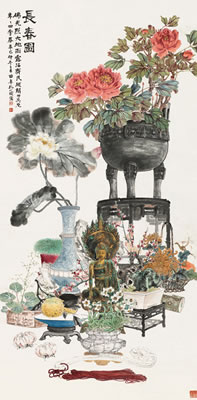 Sample artwork by Xiaoyu Kong (1899 - 1984), known for scroll painting and floral subjects, especially peonies - View similar artists and auction records