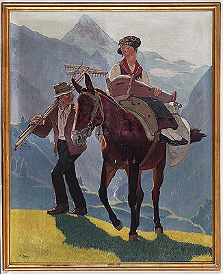Famille de paysans du Val d'Hérens et mulet devant la Dent Blanche