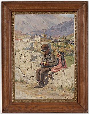 Jeune garçon partageant sa pomme avec une filette dans un paysage by Charles Henry van Muyden - Auction record, sale price, and art valuation. Compare with similar artists and explore comparable artworks.