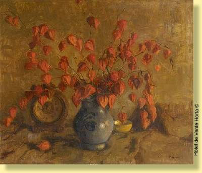 Nature morte au grcs fleuri et réveil